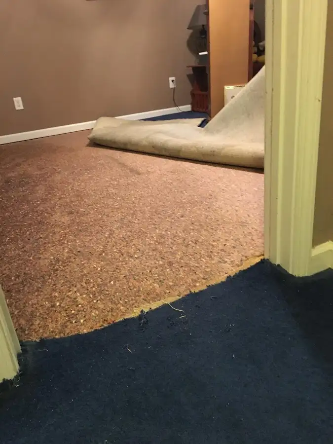 Carpet pad removal revealing water damage during Drying & Dehumidification in Sugar Hill